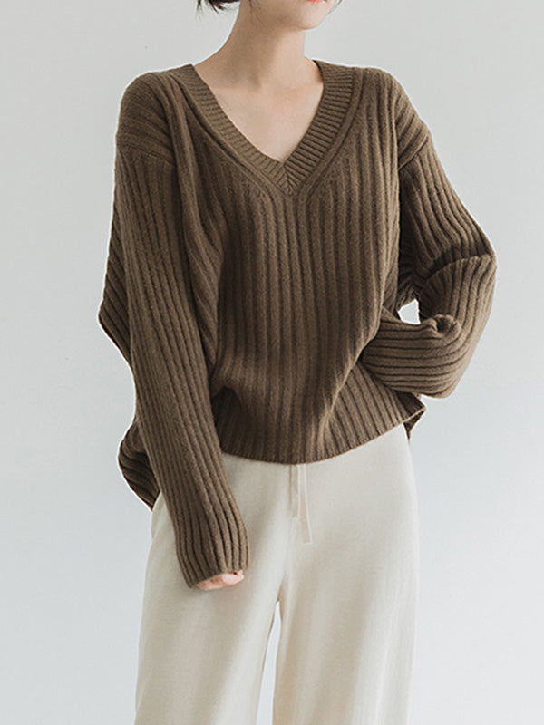 Casual Loose Solid Color V-Neck Sweater Tops