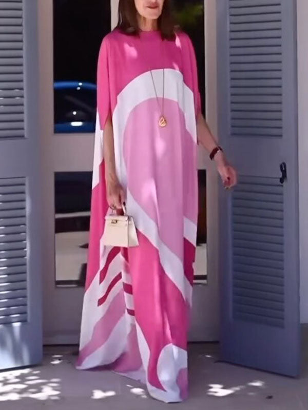 Batwing Sleeves Loose Contrast Color Printed Split-Joint Round-Neck Evening Dresses Maxi Dresses