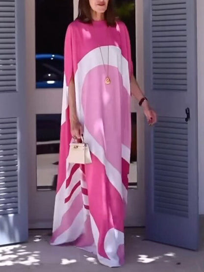 Batwing Sleeves Loose Contrast Color Printed Split-Joint Round-Neck Evening Dresses Maxi Dresses