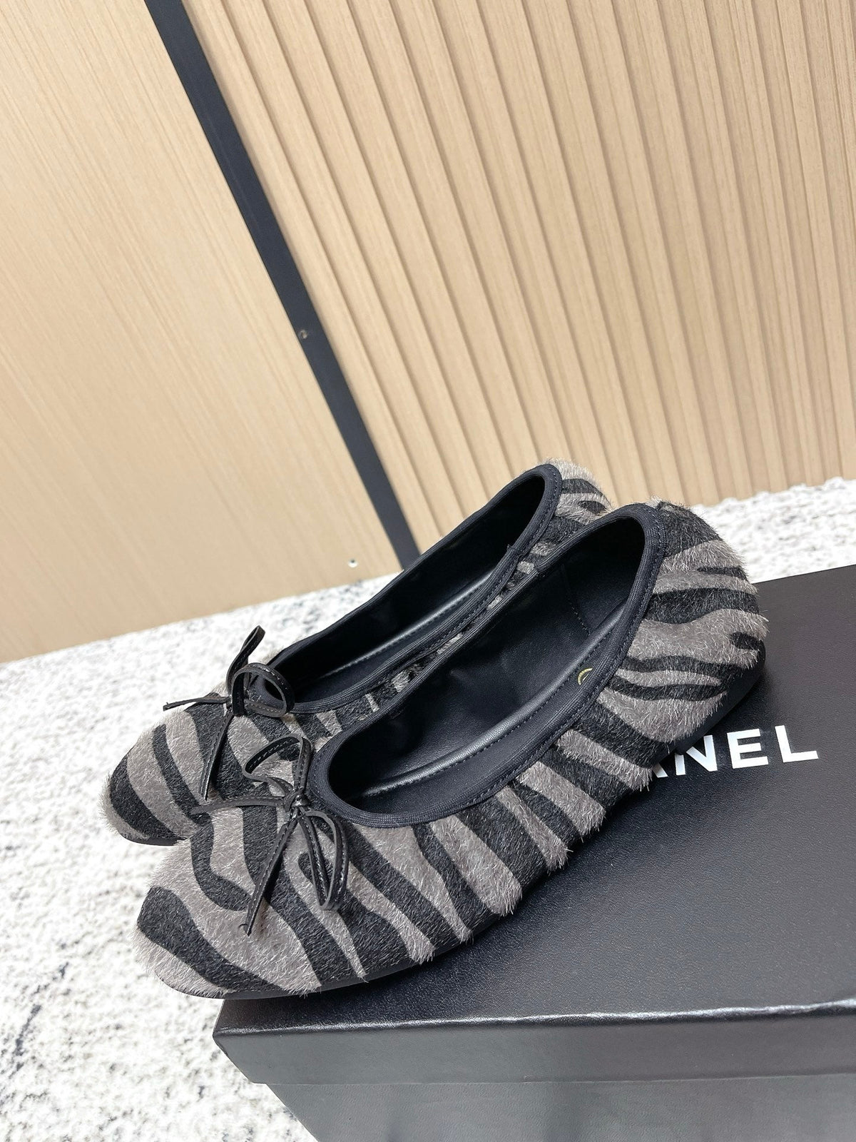 Chanel 26 Tiger Print Gray Black Ballet Flat in Sheepskin Wool 591375