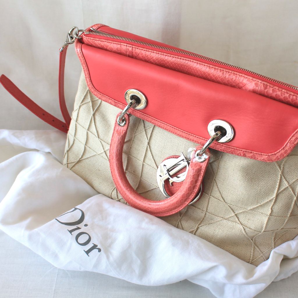 Christian Dior beige canvas with pink python leather trim,