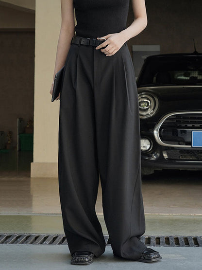 High Waisted Loose Pleated Solid Color Split-Joint Casual Pants Bottoms Trousers