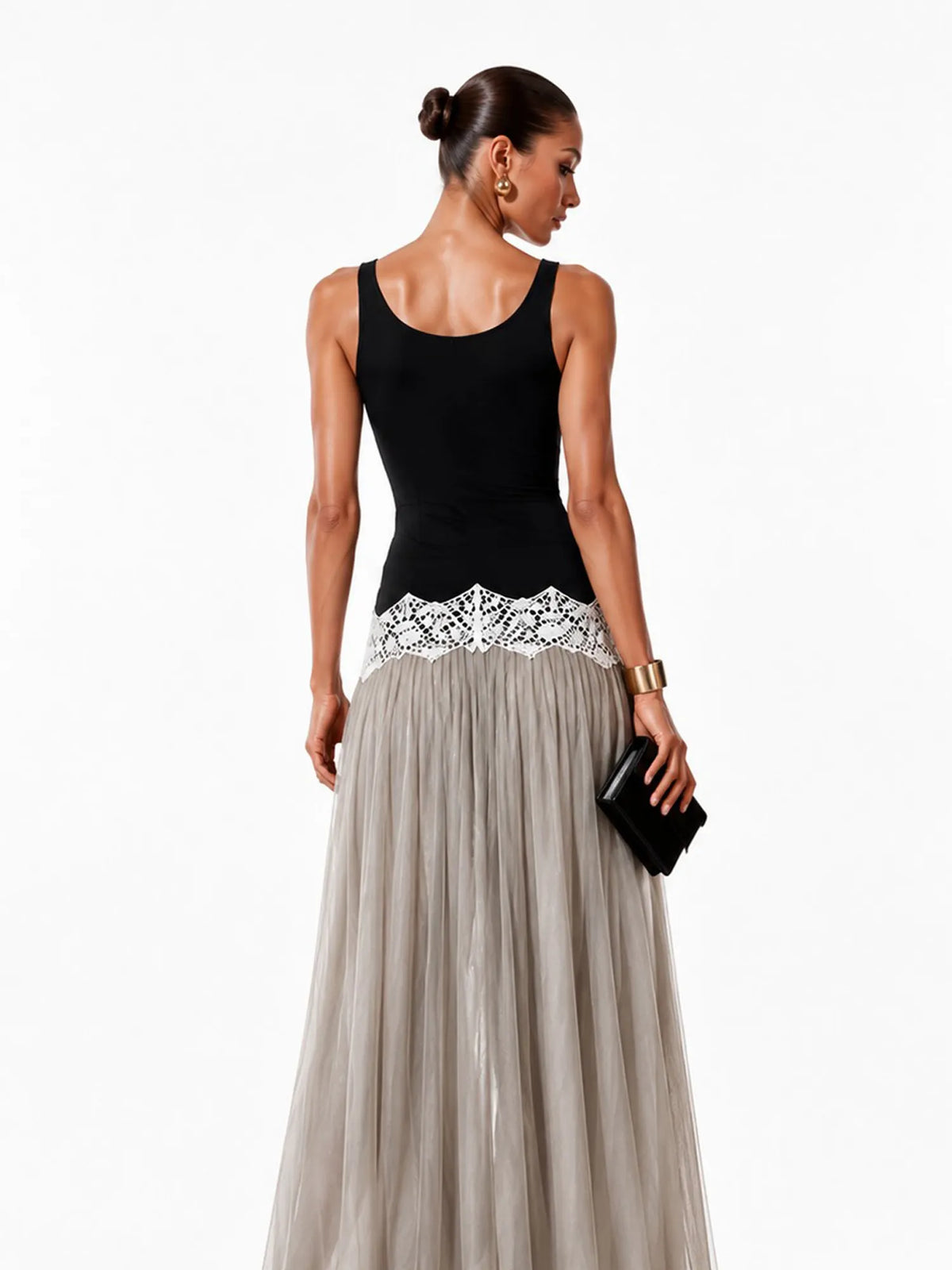 Stella Pleated Tulle-Panel Maxi Dress
