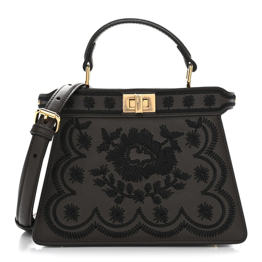 Vitello Seta Shiny Nappa Floral Embroidered Petite Peekaboo I SEE U Satchel Carbone Black