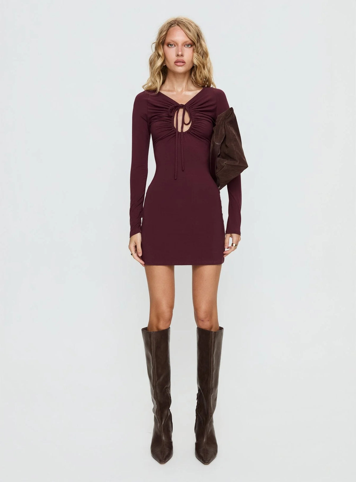 Angele Long Sleeve Keyhole Mini Dress Plum