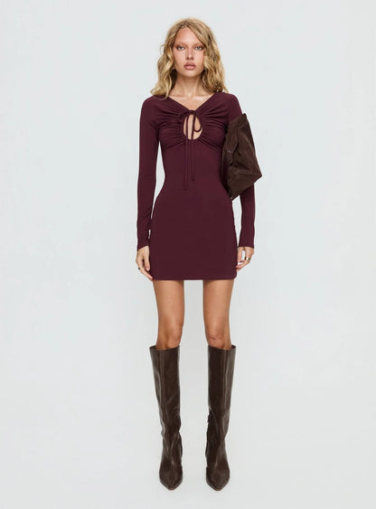 Angele Long Sleeve Keyhole Mini Dress Plum