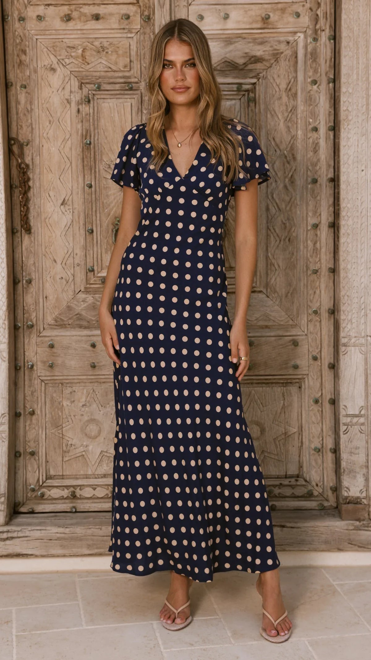 Georgianna Flutter Sleeve Maxi Dress - Navy/Cream Spot