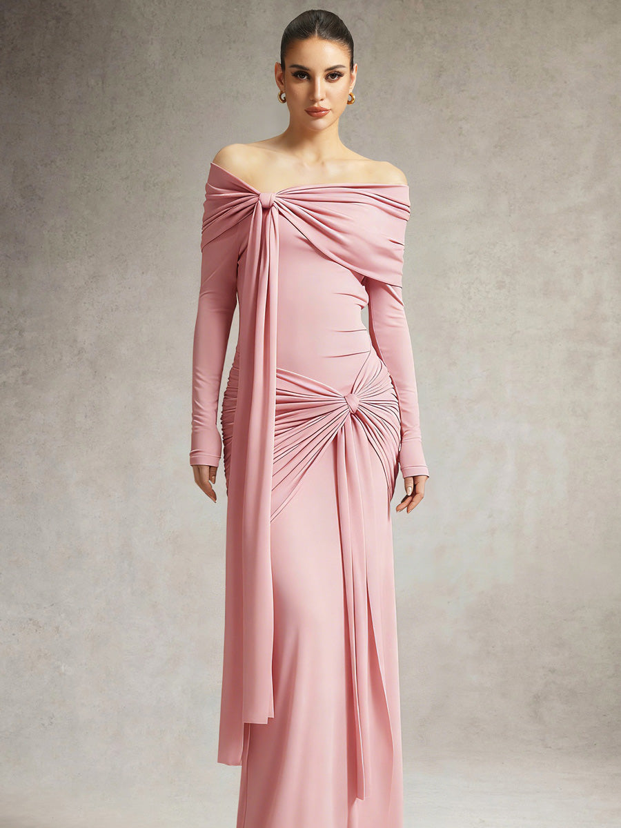 Ivy Off Shoulder Long Sleeve Ruched Pink Maxi Dress