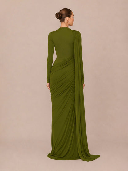 Luna Ruffled Ribbon Round Neck Long Sleeve Maxi Dress