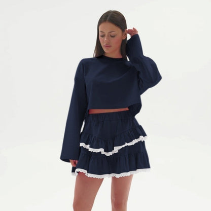 Color Block Crop Hoodie Lace Skirt Set