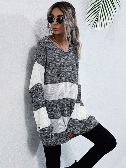 Simple Loose Contrast Color Striped Round-Neck Sweater