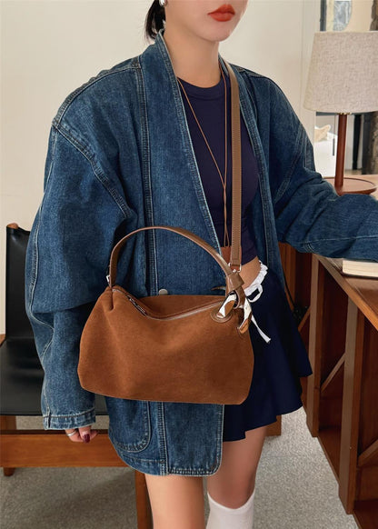 Suede Shoulder and Crossbody Bag With Leather Straps