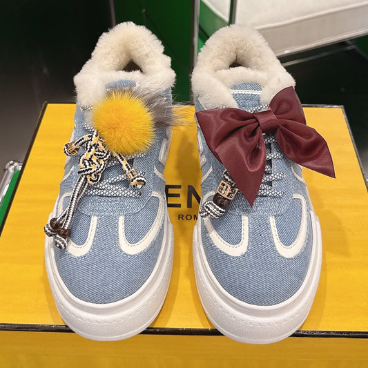 Fendi 2025 Match Platform Sneakers Blue White Denim Fabric Wool 562583