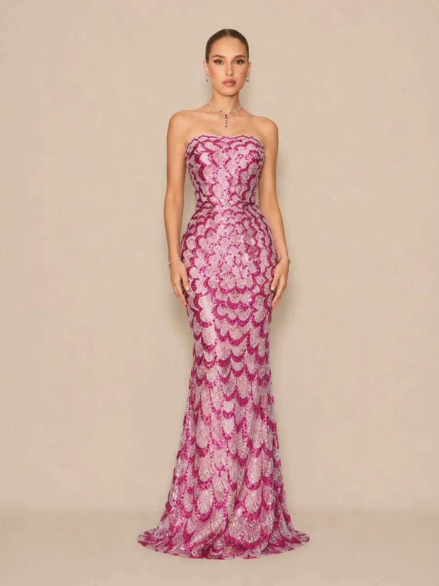 Aileen Romantic Contour Strapless Sequin Maxi Dress