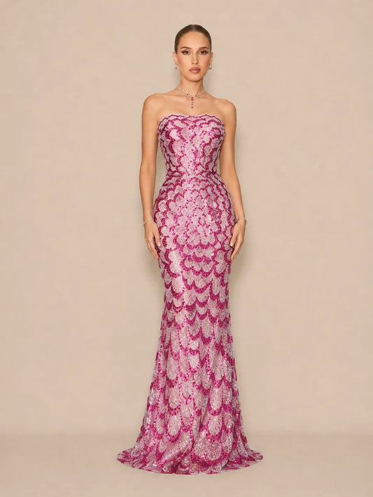 Aileen Romantic Contour Strapless Sequin Maxi Dress