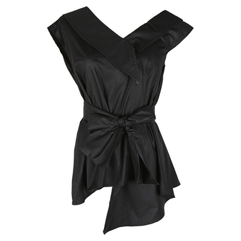 Off Shoulder Sleeveless Shirt Polyester Stand Collar