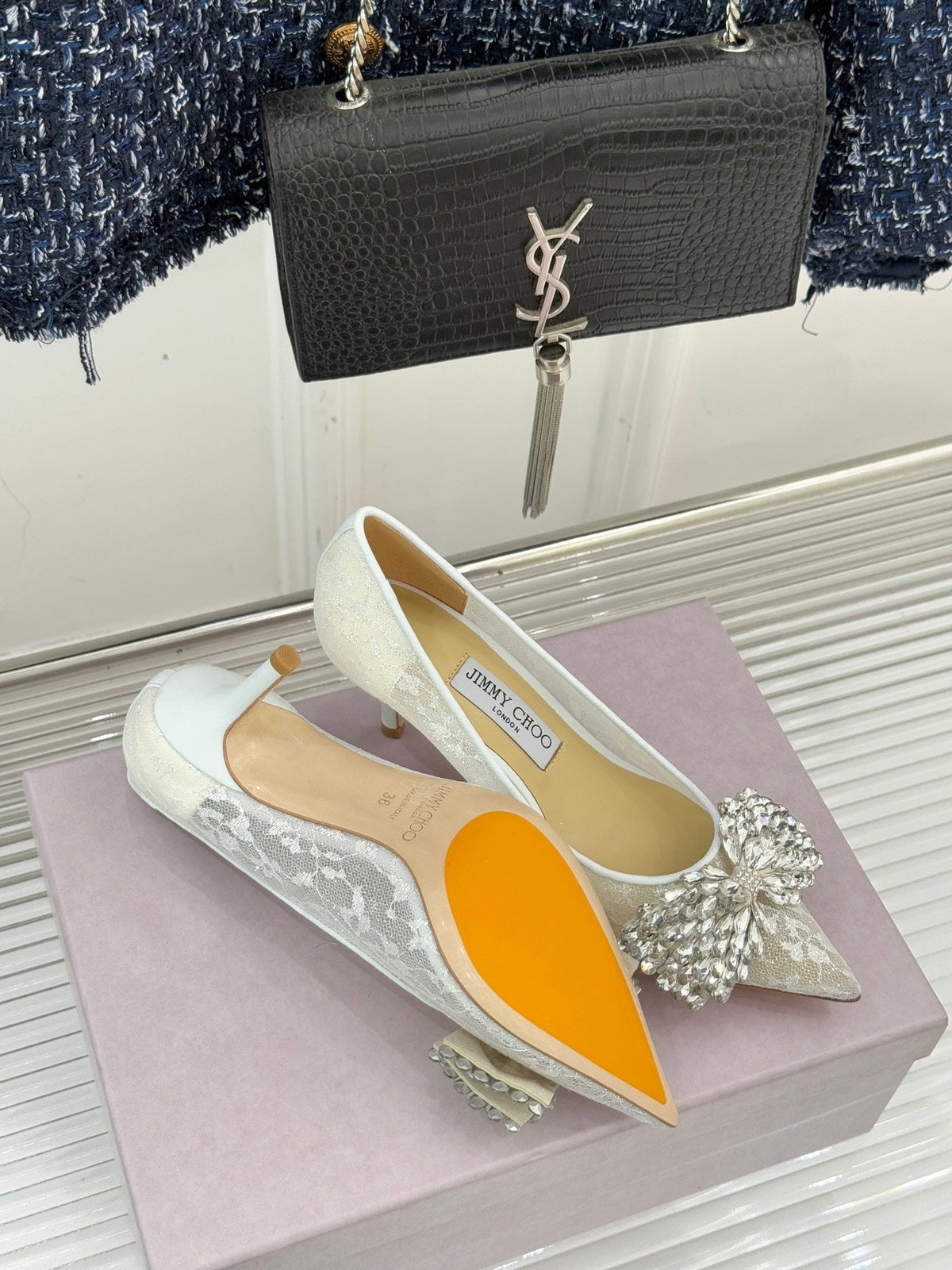 JC25WF Rhinestone Bow Pionted Toe High Heels 65 White Sheepskin 573537