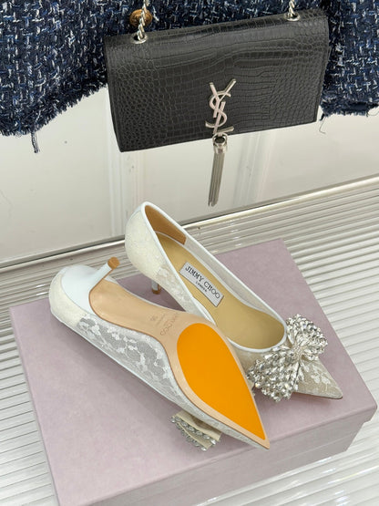 JC25WF Rhinestone Bow Pionted Toe High Heels 65 White Sheepskin 573537