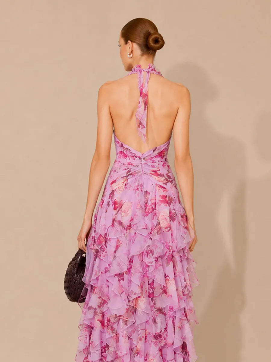 Katya Floral Print Asymmetrical Halter Maxi Dress with Tiered Ruffles