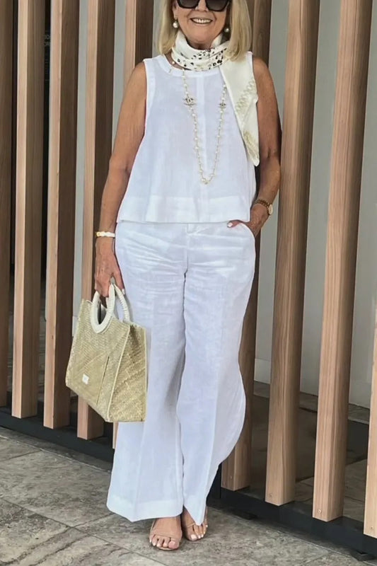 Cotton and Linen Sleeveless Top and Wide-Leg Pants Two-Piece Set