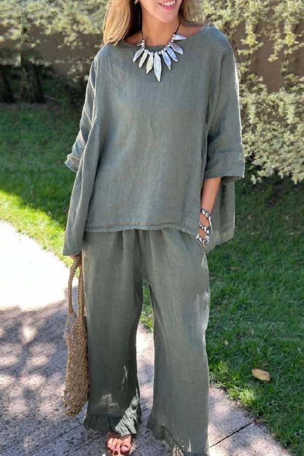 Casual Solid Color Loose Top \u0026 Pants Cotton Linen Two-piece Set