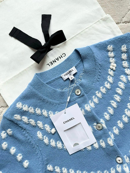 Chanel 25P Cardigan Light Blue Mix White Cashmere 237300