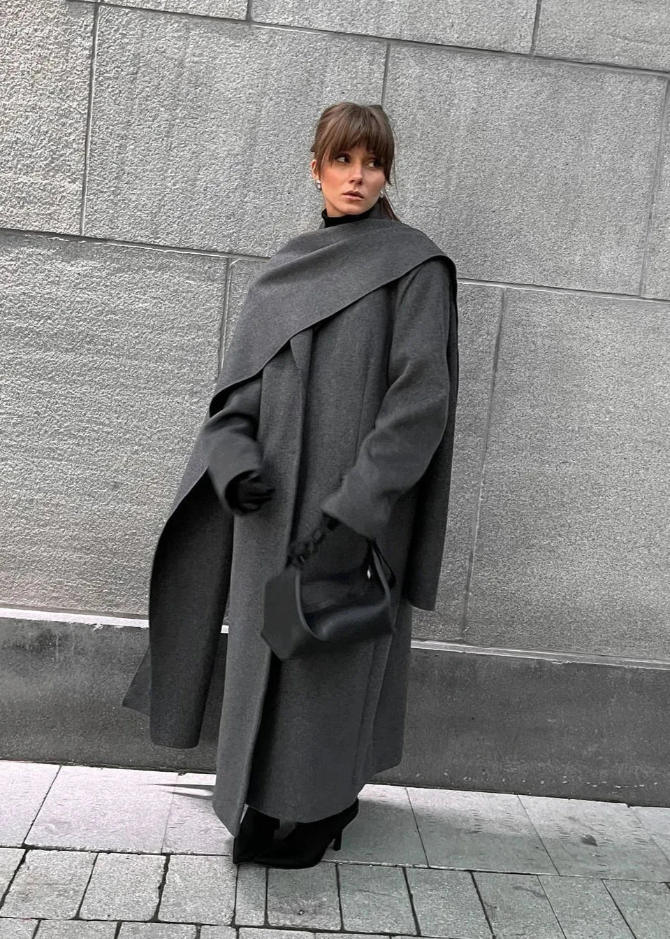 Long Overcoat Wool Like Fabric Asymmetric Draped