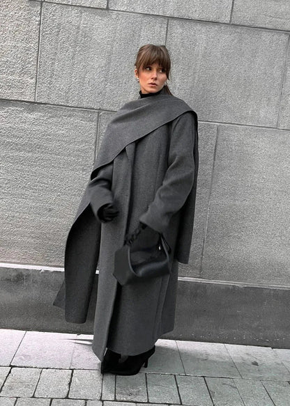 Long Overcoat Wool Like Fabric Asymmetric Draped