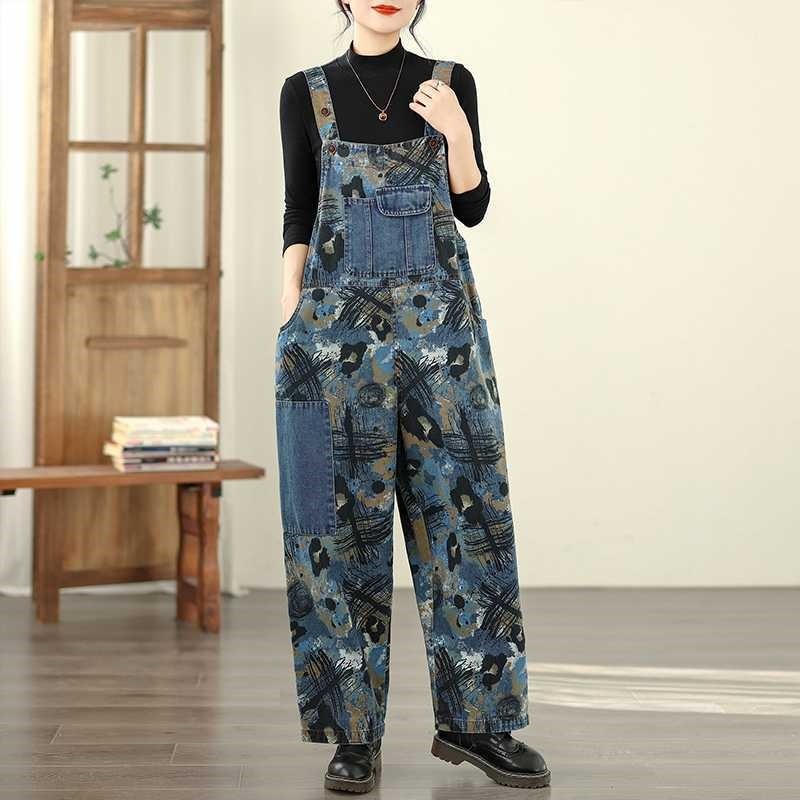Loose Print Denim Overalls