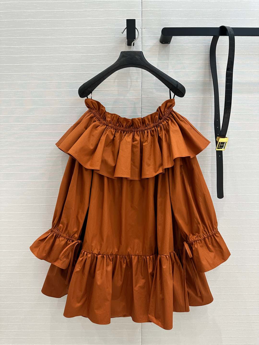 YSL One-shoulder Drawstring Puff Sleeve Dress Caramel Cotton