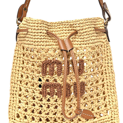 Raffia Crochet Drawstring Pouch Naturale Cognac