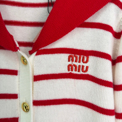 Miu 26s Striped Sailor Collar Knit Cardigan Wool 345083