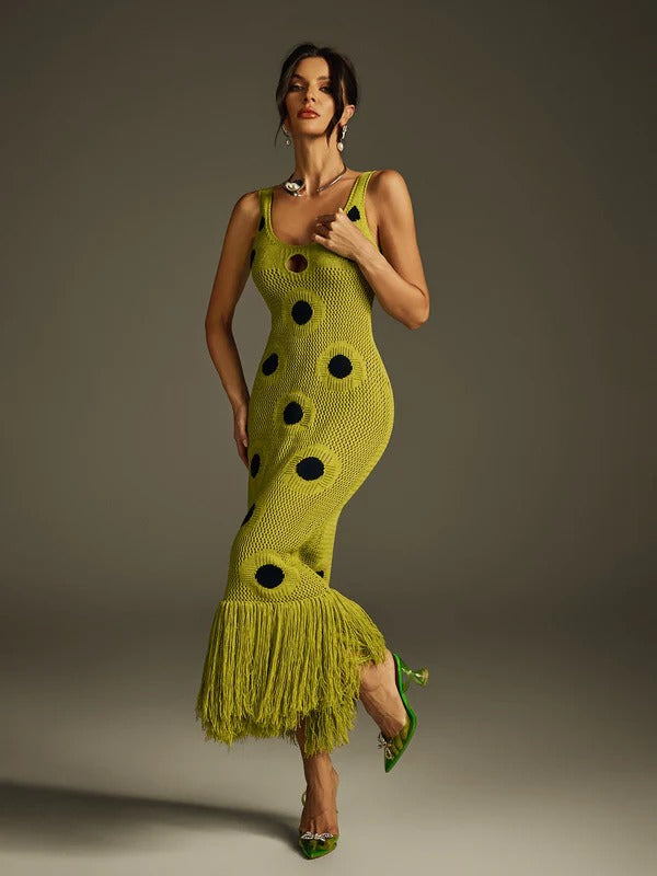 Gaelion Dot Fringe Knitted Midi Dress