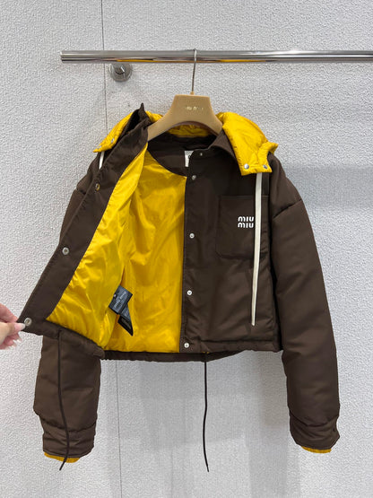 Miumiu 25FW Detachable Hooded Lapel Jacket Dark Brown Down Polyester