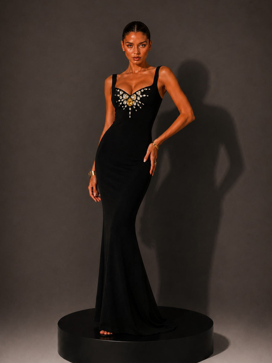 Savannah Strappy V-Neck Rhinestone Maxi Dress