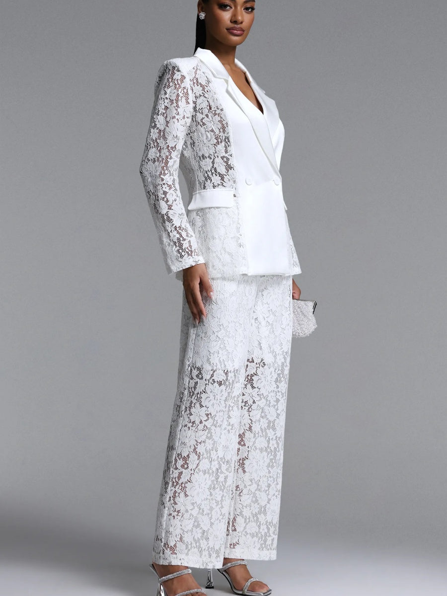 Elara Lace Satin-Trimmed Blazer & Wide-Leg Pant Suit