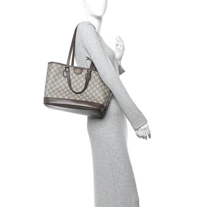 GG Supreme Monogram Textured Calfskin Small Ophidia Shoulder Tote Bag Beige Ebony New Acero
