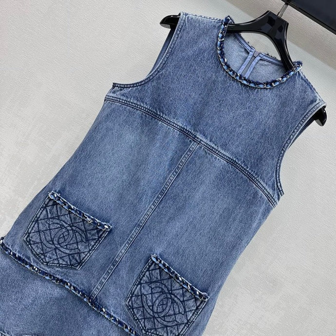Chanel 2026 Embroidered Denim Vest Dress Blue Cotton 356148