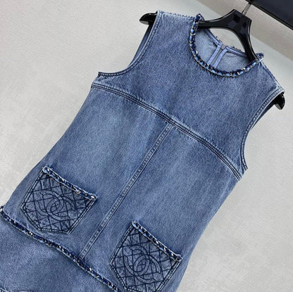 Chanel 2026 Embroidered Denim Vest Dress Blue Cotton 356148