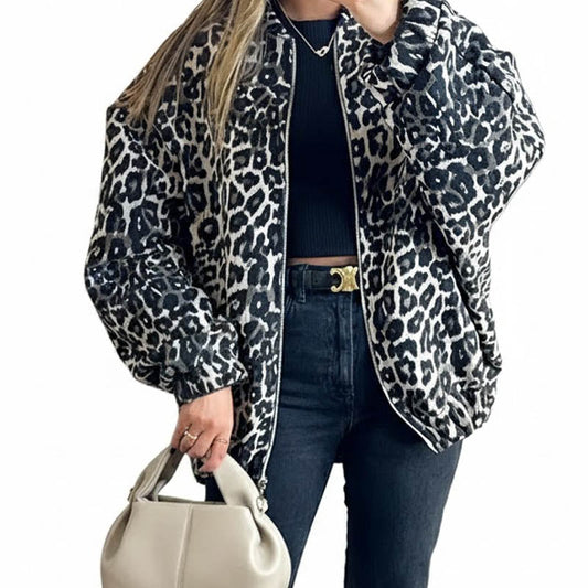Vintage Leopard Print Zip-Up Winter Jacket