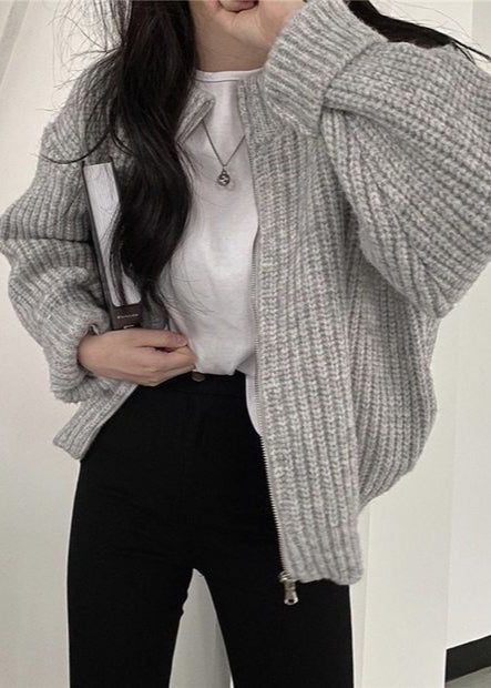 Chunky Knit Cardigan Zip Up Ribbed Sweater