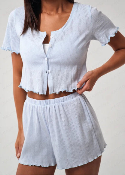 Short Sleeve Lounge Set Cotton Polyester Blend