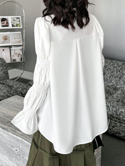 Puff Sleeves Pleated Solid Color Split-Joint Lapel Blouses