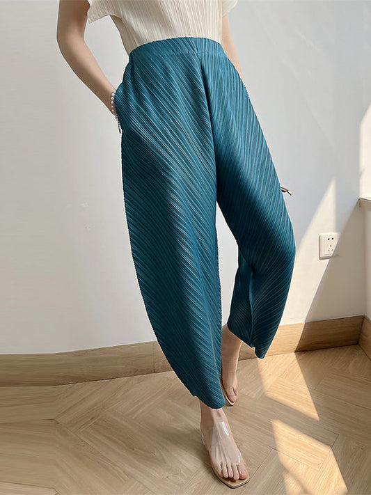 Harem Pants High Waisted Elasticity Pleated Solid Color Split-Joint Ninth Pants Pants Trousers