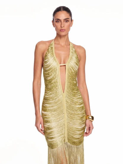 Alba Plunge Neck Fringe Maxi Dress