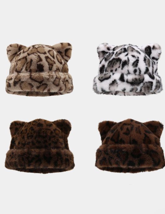 Retro Fluffy Leopard Cat Ears Warm Beanie Cap