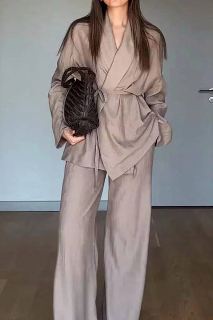 Casual Solid Color Lappel Top \u0026 Pants Two-Piece Set
