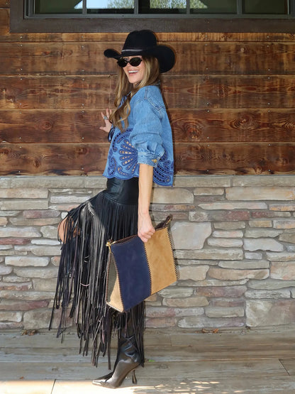 Roselyn Denim Jacket and Leather Fringe Skirt Set