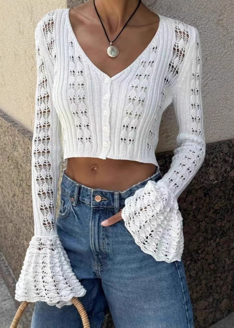 Open Knit Acrylic Cropped Cardigan With Buttons