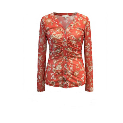 Elegant Floral Print V- Neck Long Sleeve Blouse